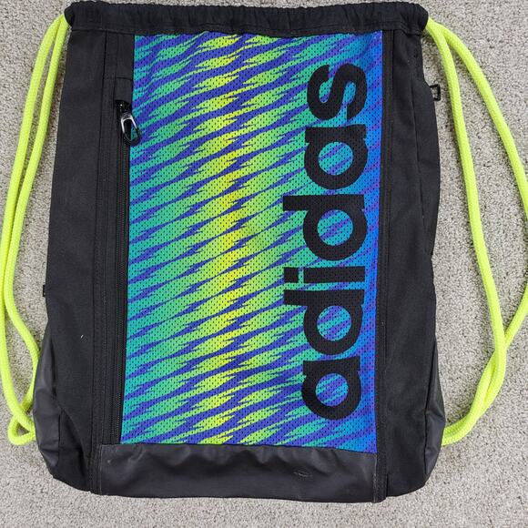 Adidas Thunder Drawstring Backpack 18" Black Blue 2 Zipper Sports School Gym - Picture 5 of 16